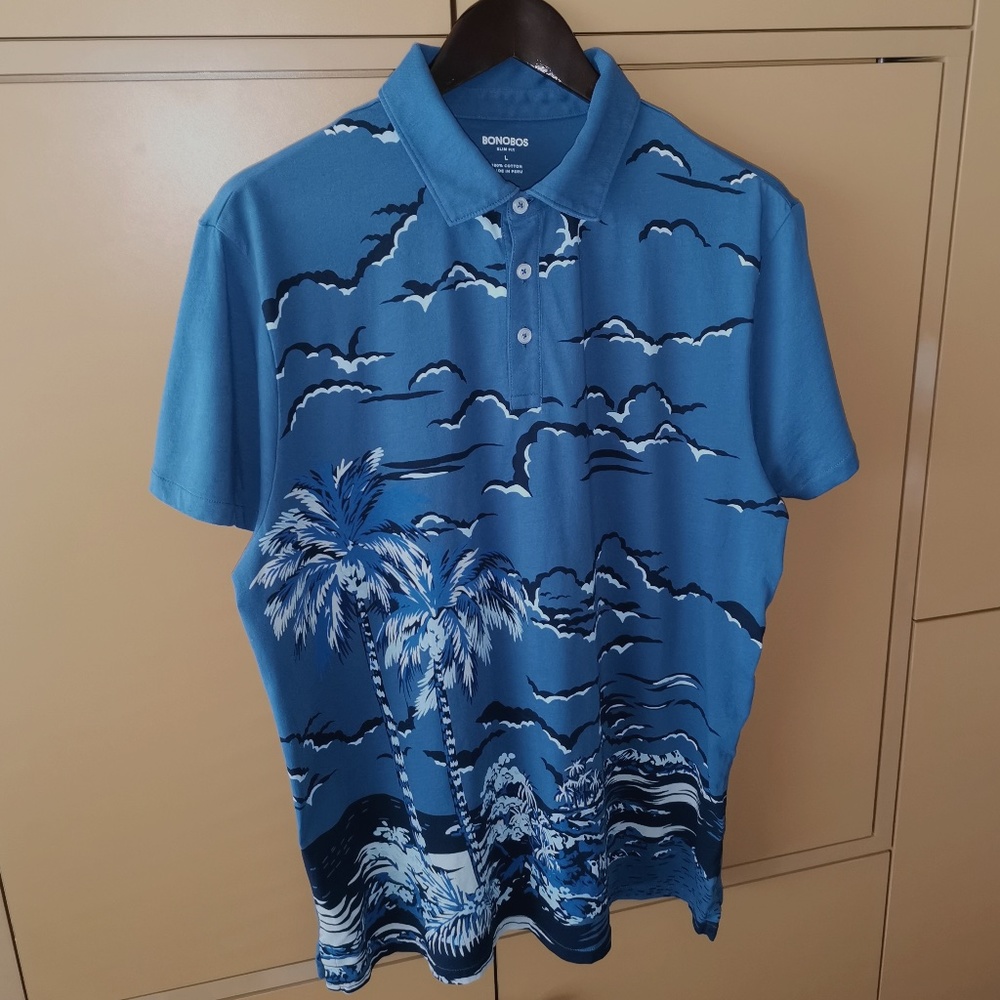Bonobos Blue Palm Tree Slim Fit Polo Shirt - (L) - Picture 2 of 8